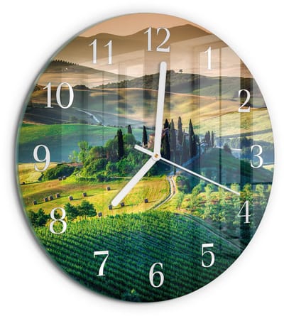 Tulup Wandklok - Landschap Wandklok Glas Decoratie - 30fi cm - Groente Gekleurde Glazen Klok - Witte Handen - Ronde Wandklok - Glazen Wandklok Design - Klok Glas Met Opdruk