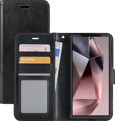 Hoesje - Met Pasjeshouder - Geschikt voor Samsung Galaxy S24 Ultra - Luxe Bookcase Portemonee - Flip Case - Kunstleer Book Case - Flipcase - Book Cover - Walletcase - Portemonneehoes - Zwart