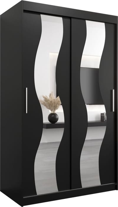 InspireMe - Kledingkast met 2 schuifdeuren, Modern-stijl, Een kledingkast met planken en een spiegel (BxHxD): 120x200x62 - REESE 120 Zwart Mat met 2 lades