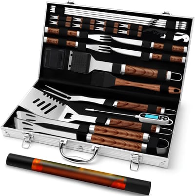 SP® BBQ Accesoires ( set ) - Barbecue Accessoireset van 26 - Hoogwaardige RVS BBQ-bestek met Draagbare Opbergcase - Zilver en Bruin - 45cm x 21cm x 7cm