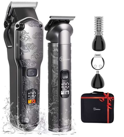HATTEKER Tondeuse en 4-in-1 Trimmer Set – Haar- en Baardtrimmer, Precisietrimmer, Neushaartrimmer, Lichaamshaartrimmer – Opbergcase – Cadeau voor Mannen – Grijze