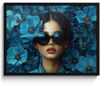 Poster in lijst - Fotolijst 70x50 cm - Posters - Vrouw - Bloemen - Blauw - Aesthetic - Luxe - Posterlijst zwart - Decoratie - Wanddecoratie woonkamer - Muurdecoratie slaapkamer