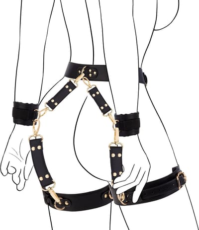 Oneay Sex Bondage BDSM-set, 6-delige set met verstelbare handboeien, enkelboeien, dijbeenboeien, tailleband, blinddoek en kruisband. Seksspeeltjes voor mannen, vrouwen en stellen, zwart