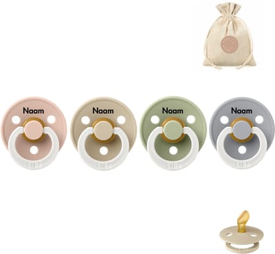 BIBS fopspenen anatomisch met naam - maat 1 - Glow in the dark sage, cloud, vanilla en blush + BolleToet speenzakje
