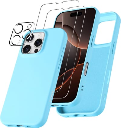 Hoesje Geschikt voor iPhone 16 Pro Max – Zacht siliconen liquid backcover met 2x screenprotectors gehard glas en 1x lens protector – Licht Blauw