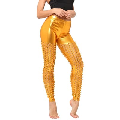 Pantalons Skinny pour Femmes Creux Écaille de Poisson Brillant Métallique Uni Ceinture Élastique Bande Élastique pour Femmes Pantalons de Scène Disco One Size jaune