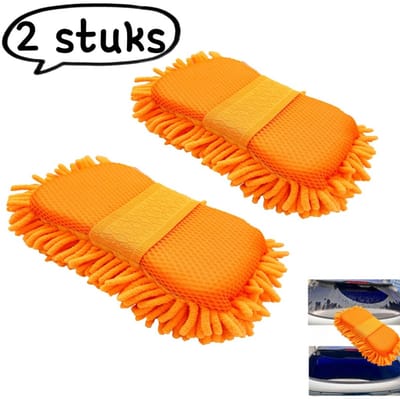 2-delige autowasspons - Autowashandschoenen voor het afvegen van auto's - Zachte, langharige, dubbelzijdige, verdikte autostofverwijderaar - Oranje
