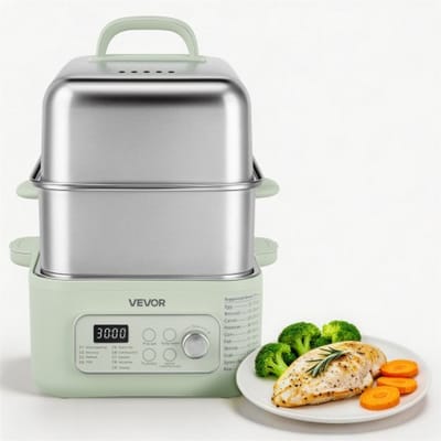 VEVOR elektrische stoomkoker 13 liter met 2 kookniveaus, roestvrij staal, 1500 W, groen, groente- en voedselkoker voor 3-6 personen met 9 voorgeprogrammeerde programma's, warmhoudfunctie, voor groenten, zeevruchten en rijst.