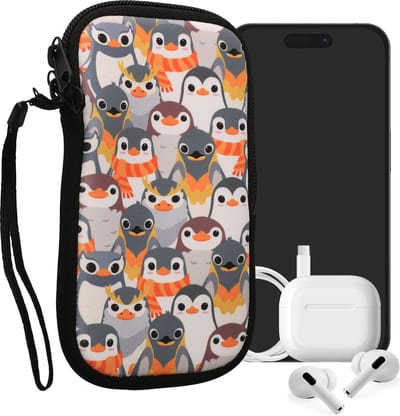 kwmobile hoesje voor smartphones M - 5,5" - hoes van Neopreen - Pinguïn Ontwerp design - grijs / geel / bruin - binnenmaat 15,2 x 8,3 cm