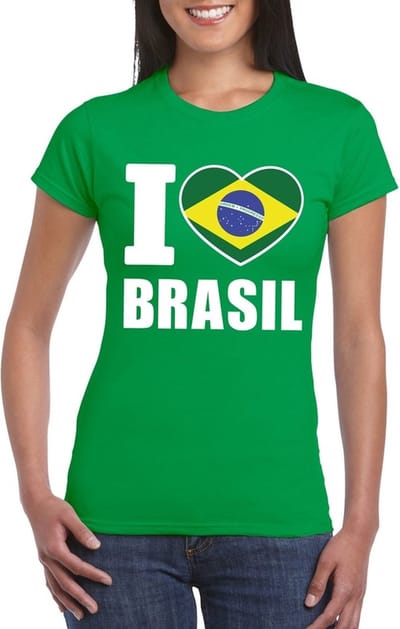 Brazilie supporters kleding t-shirt - voor dames - groen - met vlag kleuren print - korte mouwen S