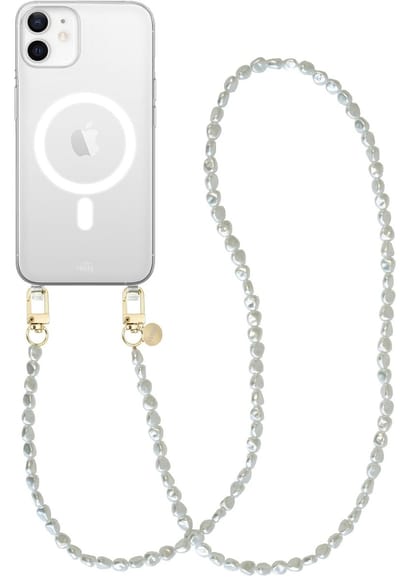 xoxo Wildhearts magnetisch hoesje geschikt voor iPhone 12 MagSafe - Pearlfection - Transparant telefoonhoesje met koord - Telefoonkoord met parels - Parelketting - Lang koord