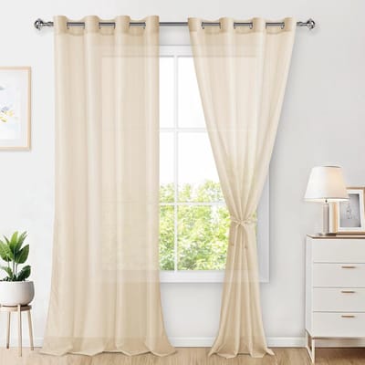 Glasgordijn, set van 2 gordijnen, voor woonkamer, met ingestanste ringen, transparant, doorzichtig, luchtig, decoratief, voor slaapkamer en woonkamer, 260 x 140 cm (h x b), beige