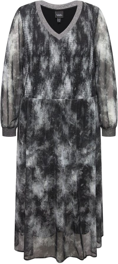 Ulla Popken - Dames - Midi-jurk met rimpelingen batikpatroon V-hals lange mouwen - Zwart - Maat 50+