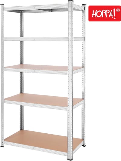 Hoppa! Magazijnstelling - Opbergrek, stellingkast, werkplaatskast, 100x50x200 cm (BxDxH), belastbaar tot 875 kg (175 kg per plank), 5 verstelbare legplanken, metalen legplank, legplank zonder bouten, zwaar rek, kelderrek voor zwaar gebruik - zilver