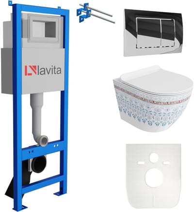 LAVITA® Inbouwreservoir Complete Toiletset LAV 101 - Inbouw WC Hangtoilet Wandcloset SOFI SLIM FOLKLOR - Bedieningsplaat 200.1.2 Chroom - Voorwandelement voor toilet 40cm - Installatiesysteem