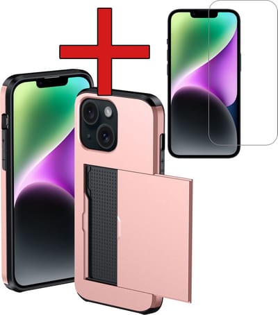 Hoesje Geschikt voor iPhone 14 Hoesje Met Pasjeshouder Hard Case Met Kaarthouder Met Screenprotector - Hoes Geschikt voor iPhone 14 Hoesje Pashouder Case - Rosé goud