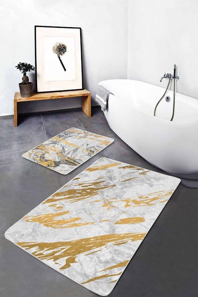 De Groen Home NATURA Badmat Set Antislip 2 Stuks - 60x100 & 50x60 cm - Marmer patroon - Fluweelzachte WC Mat
