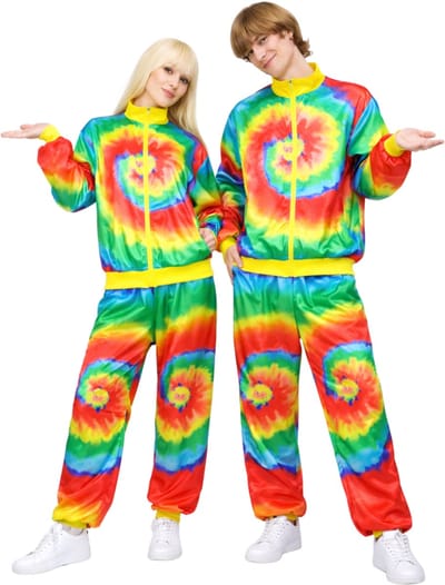 Joya Party® Tie Dye Retro Trainingspak Volwassenen | Carnavalskleding Dames & Heren | Verkleedkleren Man Vrouw | Jaren 80 & 90 Stijl | Unisex Oversized | Verkleedpak | Carnaval & Verkleedfeest | Foute Party | Regenboog Hippie Print | Maat XS/S