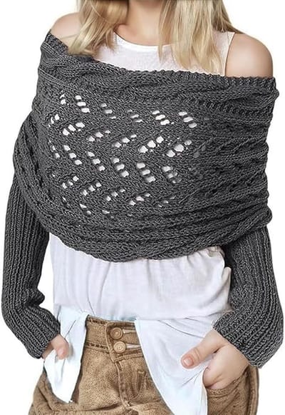 Gebreide mouwen voor dames - Gebreide omslagdoek - Wintersjaal - Multifunctionele trui met hals - Warme trui met sjaal - Met mouwen - Grijs