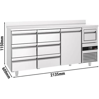 GGM Gastro Bar- & Getränkekühltisch PREMIUM - 2130x600mm - mit 1 Tür, 6 Schubladen, Aufkantung & Ausklopfer für Kaffee Zilver