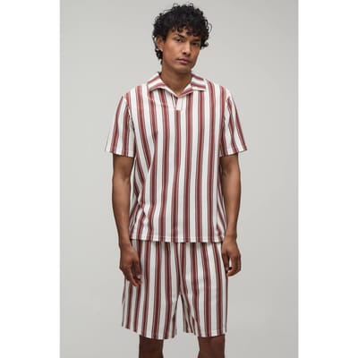 Regular Fit Gestreept Revere Polo & Shorts Set | Brown | Size XS
