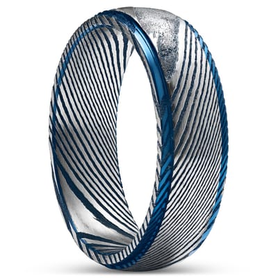Fortis | 7 mm Blauwgerande Gunmetalgrijze en Zilverkleurige Stapring van Damascusstaal