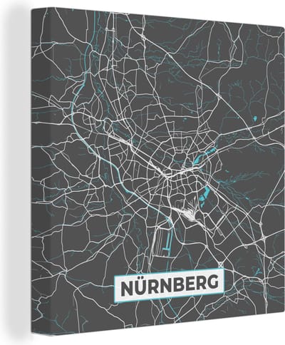 Canvas Schilderij Kaart – Plattegrond – Stadskaart – Nürnberg – Duitsland – Blauw - 20x20 cm - Wanddecoratie