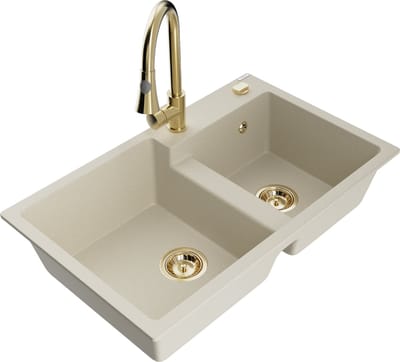 Mexen Tomas granieten gootsteen met 2 kamers en keukenmengkraan Elia, beige - 6516-69-670101-50