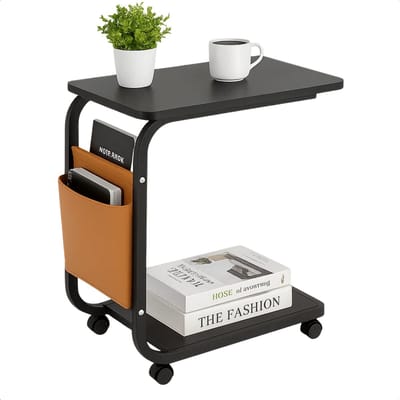 Lomera Verrijdbare Bijzettafel - Banktafel Met Wielen - Zwarte Bijzettafel - Zwenkwielen Met Rem - Stoffen Insteekvak - Makkelijk Aan De Bank Te Schuiven - Metalen Frame - Mdf Bladen - Industriële Stijl - C-Vormig Ontwerp