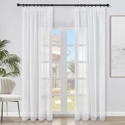 Voile gordijnen met roezelband in linnenlook transparant set van 2, wit, H/B: 240/140 cm