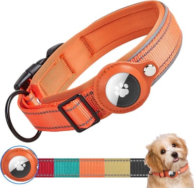 Hondenhalsband voor Apple AirTag, verstelbaar, reflecterend, waterdicht, AirTag-halsband, gewatteerd, tactische hondenhalsband met AirTag-houder voor kleine, middelgrote en grote honden (S,Oranje)