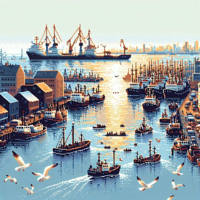 Pixel art haven schilderij | Haven of Harmony: A Pixelated Masterpiece of Maritime Magnificence | Kunst - 40x40 centimeter op Dibond | Foto op Dibond