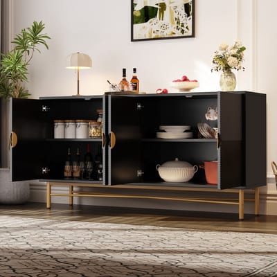 Dressoir - 160 x 40 x 82 cm - 4 Deuren met Geborstelde Gouden Grepen en Hoogglans Poten - Verhoogd Textuur Design - Houtmateriaal - Zwart