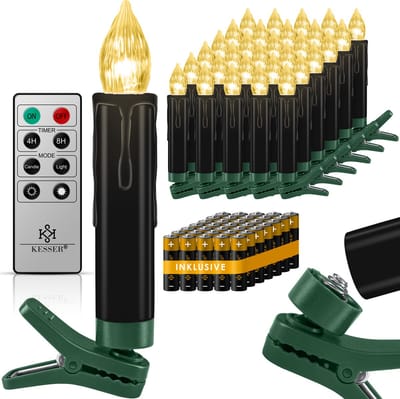 KESSER® Kerstboomverlichting Incl. Batterijen Draadloos, Kerstverlichting met Afstandsbediening, Timer Functie, Dimbare LED Kaarsen voor Kerstboom LED lampjes kerstboomlampjes Bevestigingsclips - Zwart / 30 LED's