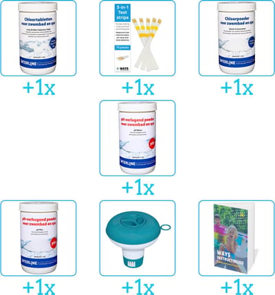 Zwembad Onderhoudspakket - Onderhoud Zwembad - bevat Chloor - Testrips - Chloor - PH-min - PH-plus - Chloordrijver en Zwembadgids (7-delig)