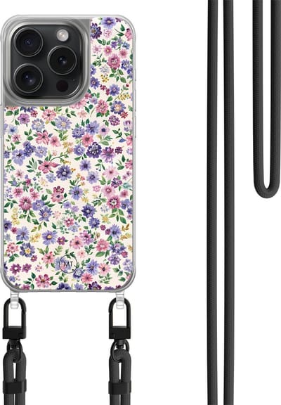 Hoesje met koord geschikt voor iPhone 13 Pro - Paarse bloemen - Inclusief zwart koord - Crossbody beschermhoes - Transparant, Paars - Mooie Telefoonhoesjes
