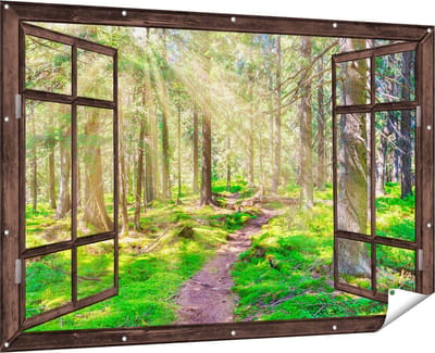 Gards Tuinposter Doorkijk Pad in Bos met Zon tussen de Bomen - 180x120 cm - Tuindoek - Tuindecoratie - Wanddecoratie buiten - Tuinschilderij