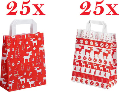 50 x papieren Kersttassen / Kerst draagtassen / Kersttasjes "Norway and Red Elk" Met Platte Oren 18 x 8 x 22cm / Kerst verpakking