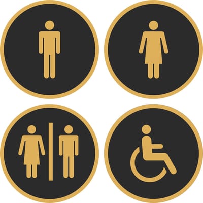 12,5 cm Rond 4 bordjes man-vrouw-man/vrouw-invalide Zwart - Goud | Toilet - WC bordjes | 125 mm rond 3 mm dik | Zwart Goud | Bio plastic