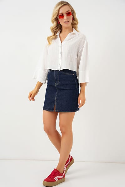 Oversized Gestreepte Cropped Shirt met Knoopsluiting
