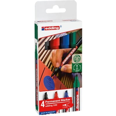 edding 330 permanent marker - zwart, rood, blauw, groen - 4 stiften - beitel punt 1-5 mm mm - water en wrijfvast - voor karton, kunststof, hout, metaal, etc. - alcohol markers voor volwassenen