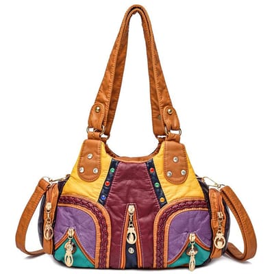 Sac à bandoulière tressé contrastant pour femmes Double couche Grande capacité Tendance de rue Coloré Rivet Sac à bandoulière pour femmes Sac plissé brown