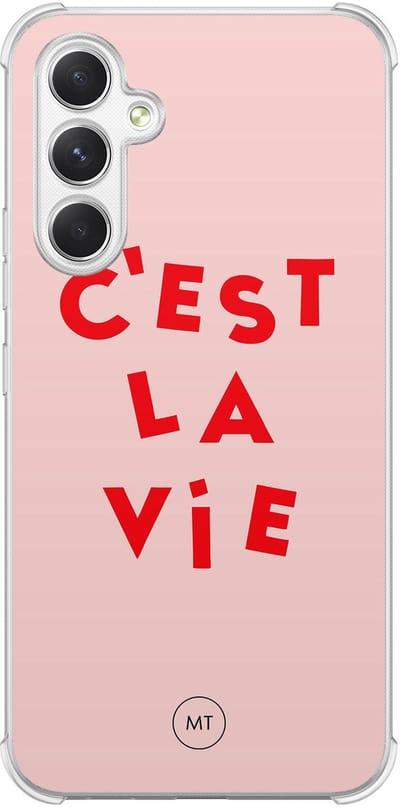 Hoesje (shockproof) geschikt voor Samsung Galaxy A54 - C'est la vie - Extra sterke case - TPU/polycarbonaat - Tekst - Roze, Transparant