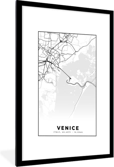 Fotolijst incl. Poster Zwart Wit- Venetië - Plattegrond- Stadskaart - Zwart Wit - Kaart - 60x90 cm - Posterlijst