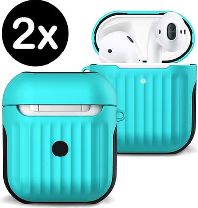 Case Geschikt voor AirPods 1 Hoesje Hoes Hard Cover Ribbels - Hoesje Geschikt voor Apple Airpods 1 Case Met Ribbels - Mintgroen - 2 PACK