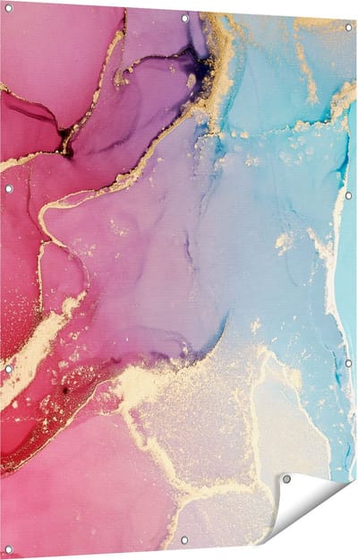 Gards Tuinposter Abstracte Kunst van Marmer - Roze met Blauw - 90x120 cm - Tuindoek - Tuindecoratie - Wanddecoratie buiten - Tuinschilderij