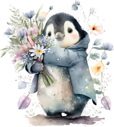Poster pinguin met bloemen-posters-A4 formaat-watercolours spring-winter animals-dieren-kinderkamer accessoires-babykamer accessoires