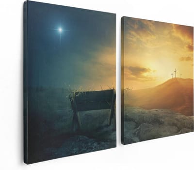 Artaza Canvas Schilderij Tweeluik Kribbe en Drie Kruisen  - 120x80 - Foto Op Canvas - Canvas Print
