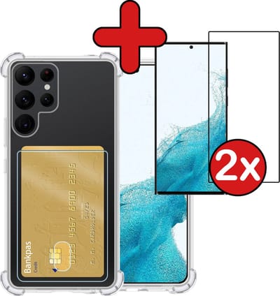 Hoesje - Geschikt voor Samsung Galaxy S22 Ultra - Met 2x Screenprotector - Pashouder - Kaarthouder - Back Cover - Telefoon Hoes Shockproof - Siliconen Case - Shock Proof - Pasjes Houder - Telefoonhoes - Transparant