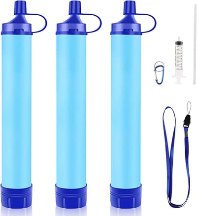 3 Stuks Outdoor Camping Waterfilter Strohalm – 1500L Capaciteit, 0,1 Micron Filternauwkeurigheid, Verwijdert 99,99% Bacteriën & Parasieten, BPA-vrij, Blauw